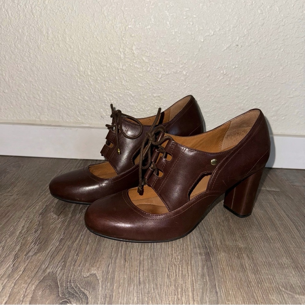 brown leather lace up mary jane heels